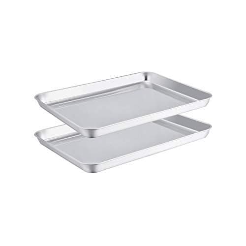 TeamFar Toaster Oven Pans Set of 2, Stainless Steel Compact Toaster Oven Tray Ovenware, 10.5'' x 8'' x 1'', Non-Toxic & Healthy, Easy Clean & Dishwasher Safe, Roll Edge & Mirror Finish