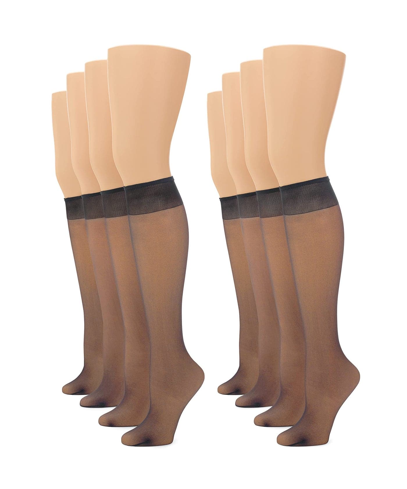 No nonsense Women's Sheer Knee High Value Pack with Comfort Top, Off Black - 8 Pair Pack, Plus