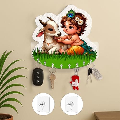 Rousrie Baby Krishna with Cow Key Holder, Brown Wooden Wall Mount Storage, 8 Hooks, Modern Decorative Design for Home Office