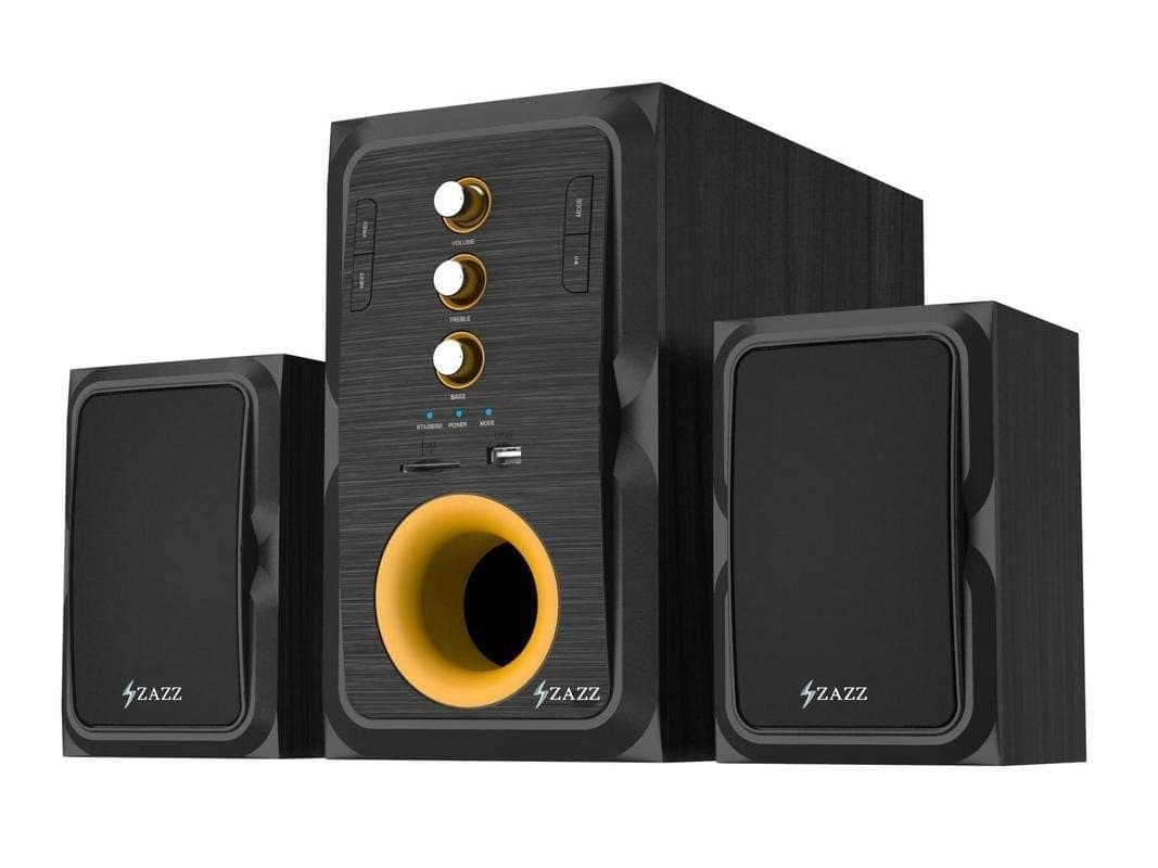 ZAZZ 20W MS2134 2.1 Channel Wireless Bluetooth Multimedia Speaker Black Yellow 20W RMS Full Wooden Enclosure AUX USB TF Card FM Radio Rich Bass Crystal Clear Sound for Home Office