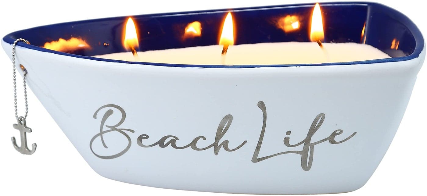Pavilion Gift Company Beach Life Triple Wick 10 oz 100 Soy Wax Candle Scent Fresh Linen with Silver Detail Accents