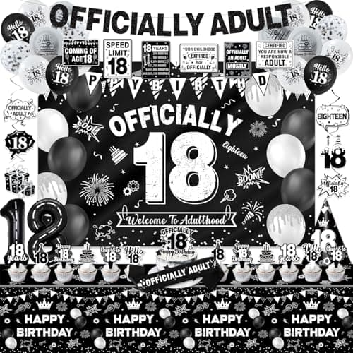 KOTLMIGHT 18th Birthday Decorations for Boys Officially Adult 18 Year Old Bday Party Decor Supplies for Boy Men Backdrop Banner Balloons Tablecloth Centerpieces Hanging Swirl Hat Wall Signs