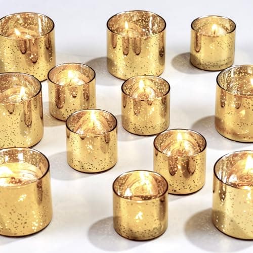 FrutPunch 12-Piece Gold Candle Holders, Speckled Mercury Gold Votive Candle Holders, Two Models, Suitable for Wedding Table Centerpieces, Party Decorations and Home Decor