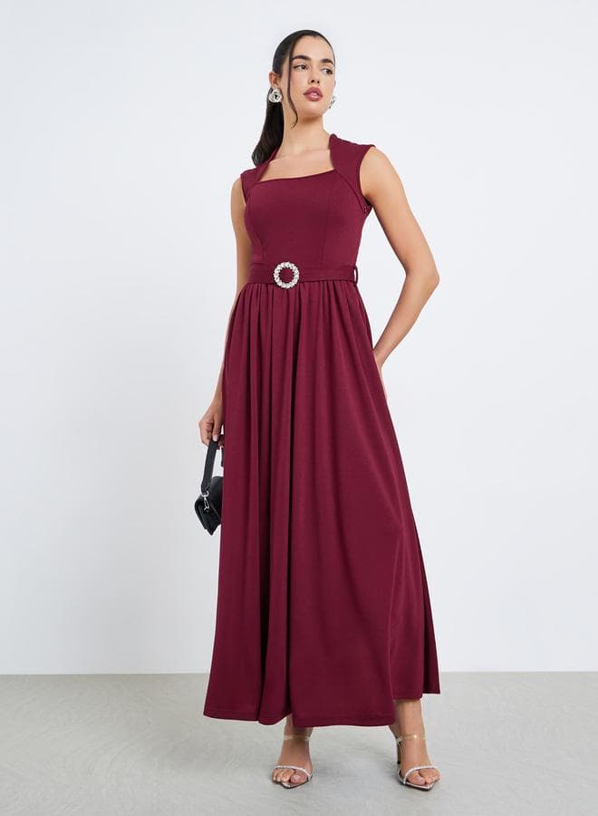 Women Burgundy A-Line Maxi Dress with Belt