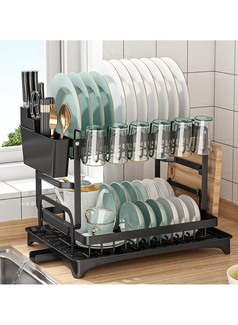 Dish Drying Rack 2 Tier Dish Drainer Rack Removeable Cutlery Holder Kitchen Organizer Storage Shelf for Utensil Chopping Board Cup Auto Drainage Kitchen Countertop