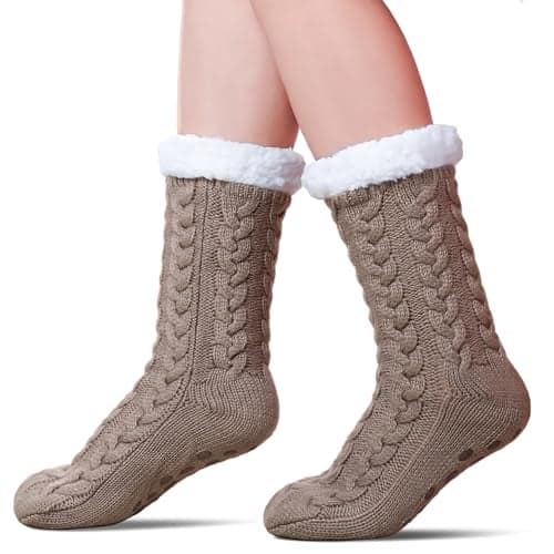 SDBING Women's Winter Super Soft Warm Cozy Fleece Lined Fuzzy Slipper Socks with Grippers (Light Gray, 6-10)