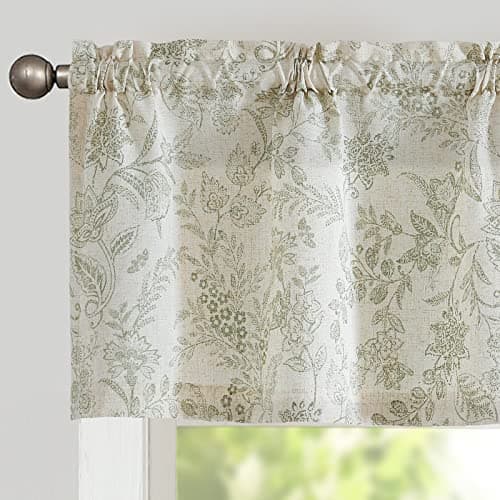 Lazzzy Kitchen Valance Curtain Linen Floral Farmhouse for Living Room Bathroom Bedroom Country Valance Window Treatments Small Window Cafe Curtains 16 Inch Rod Pocket 1 Panel Green on Beige