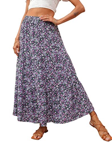 KIRUNDO Women's 2025 Fall High Waist Boho Floral Maxi Skirt Trendy Casual Flowy Swing Pleated A Line Beach Long Skirts(Black Purple, Medium)