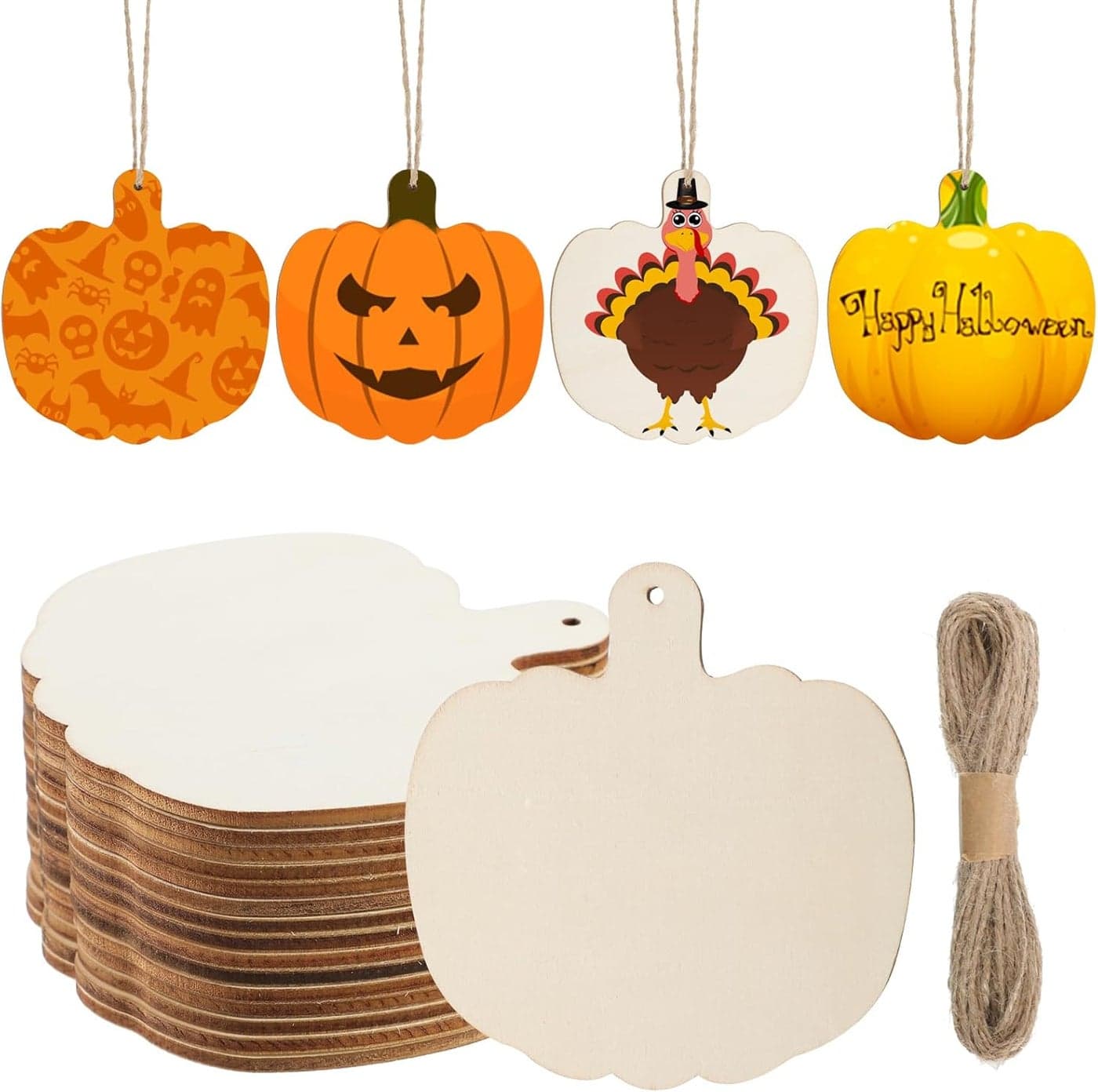 60 Pcs Wooden Pumpkin Cutouts Unfinished Pumpkin Wood Slices Blank Fall Wood Cutouts with Hole Wood Thanksgiving Hanging Ornament with Rope for DIY Crafts Halloween Autumn Harvest Decor386x394