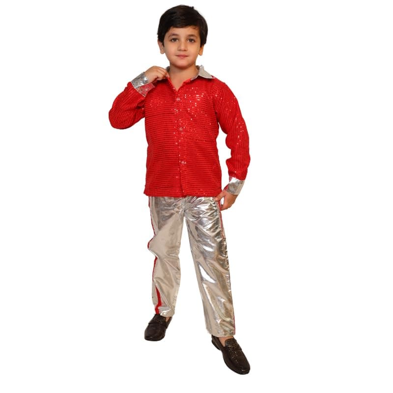 Kaku Fancy Dresses Western Disco Outfit for Kids Sequin Shirt with Shining Pants for Annual Day Programme - Red, 3-4 YEARS, Unisex