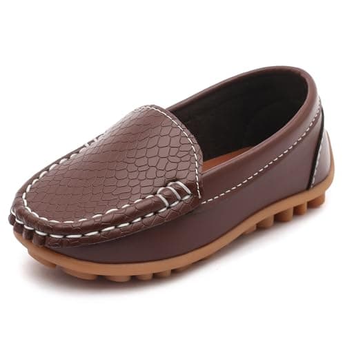 LONSOEN Toddler/Little Kid Boys Girls Soft Synthetic Leather Loafer Slip-On Boat-Dress Shoes/Sneakers,Brown,SHF103 CN21