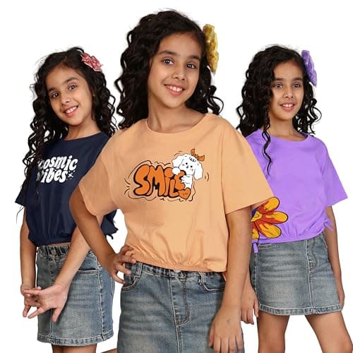 KYDA KIDS® 100% Cotton Crop top for Girls - Printed Short Sleeve Stylish Tshirt, Regular Fit Tops for Girl - Pack of 3