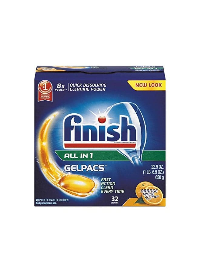 Finish All in 1 Gelpacs, Dishwasher Detergent Tablets, Orange, 32 Count