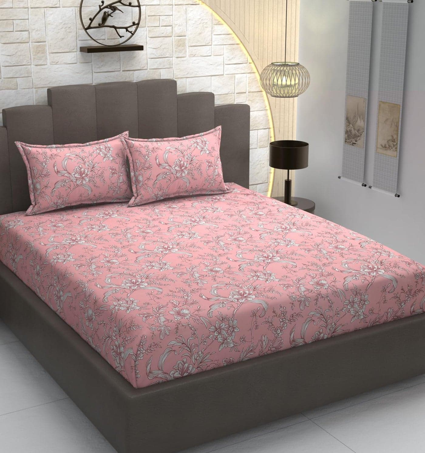 TIB® Cotton Premium Bedsheet For Double Bed With 2 Pillow Covers, 230 Cm x 250 Cm, 240 TC, Abstract Designs. (Cream Paan) (Pink Flower)