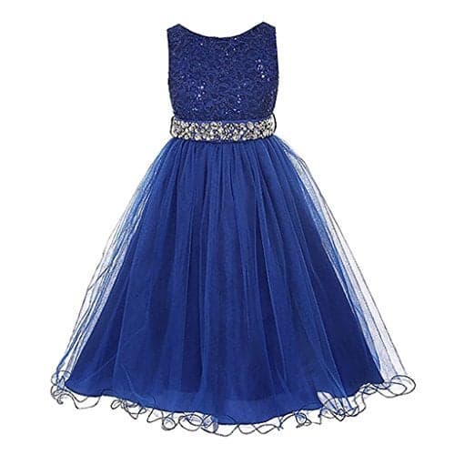 DreamHigh Wedding Flower Girl's Sequined Shining Crystal Waist Evening Dress up Royal Blue 9-10 Years