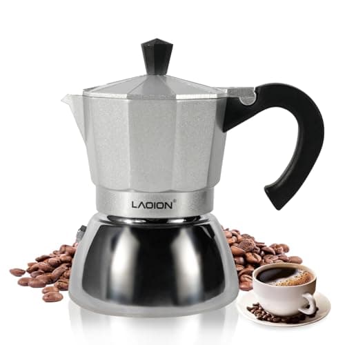 LAOION Stovetop Espresso Maker, 3Cup Moka Pot, Espresso Machine Compatible with Induction Cooktops, 150ml Stainless Steel & Aluminum Cuban Coffee Maker for Cafetera Cubana, Silver