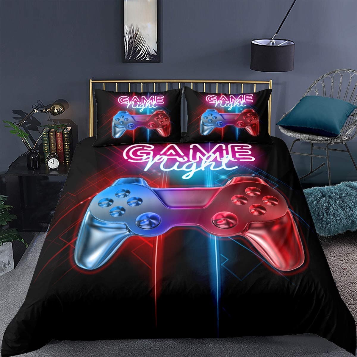 Loussiesd Double Gamer Printed Comforter Cover Set Christmas Bedding Multicolor Gamepad Duvet Cover Video Game Controller Bedding Set for Kids Teens Boys Room Decor 3 Pcs with 2 Pillow Case