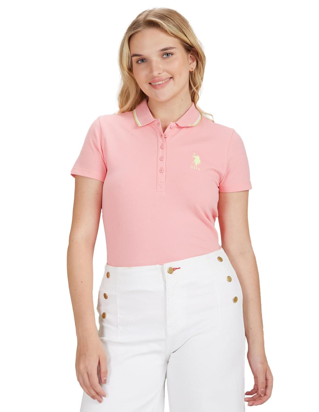 U.S. POLO ASSN. Women's Tipped Collar Cotton Stretch Polo Shirt (UWSS23TSH034_Pink_L)