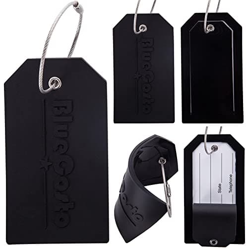 BlueCosto - Luggage Tags - Large, Black, 5 PK - PVC Suitcase Tags w/Privacy Cover & Stainless Steel Wire Loops - Personalized Baggage Identifiers for Travel - Backpack Name Labels