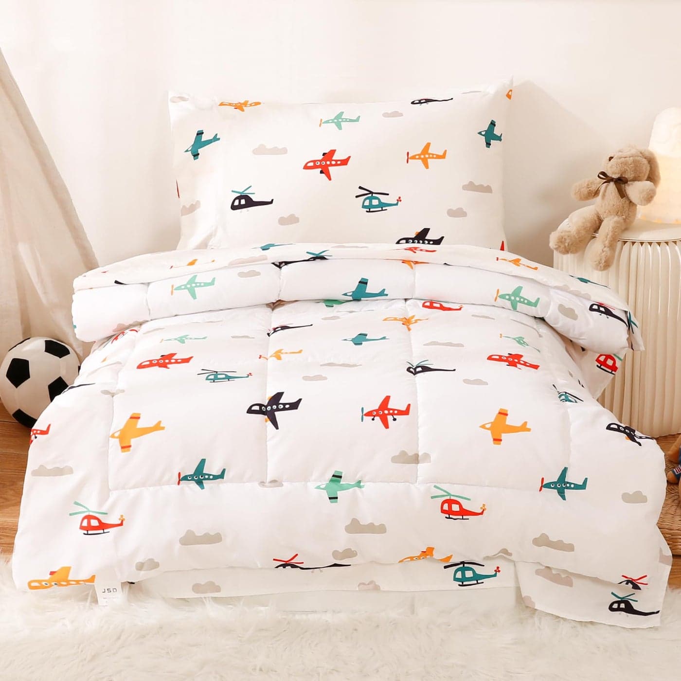 JSD Airplane Toddler Bedding Set 4 Piece BedinaBag Toddler Comforter Sheet Set Machine Washable