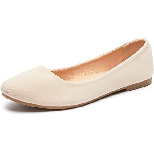 Obtaom Round Toe Women Flat Shoes Slip on Girls Dress Black Ballet Flats(Beige US5)