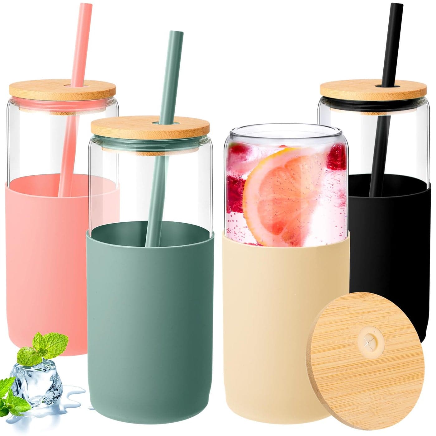 FillTouch 4 Pack 20 oz Glass Tumbler with Straw and Lid Coffee Tumbler with Silicone Sleeve Iced Coffee Cups Can Shaped Water Bottle for Home Outdoor Cambridge Blue Amber Black Pink