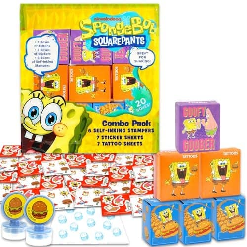 Spongebob Party Favors for 20 Guests Bundle 20 Pieces Spongebob Favor Boxes with Stickers Tattoos and Stampers for Kids Birthday Party Spongebob Party Supplies and Decorations Combo Pack