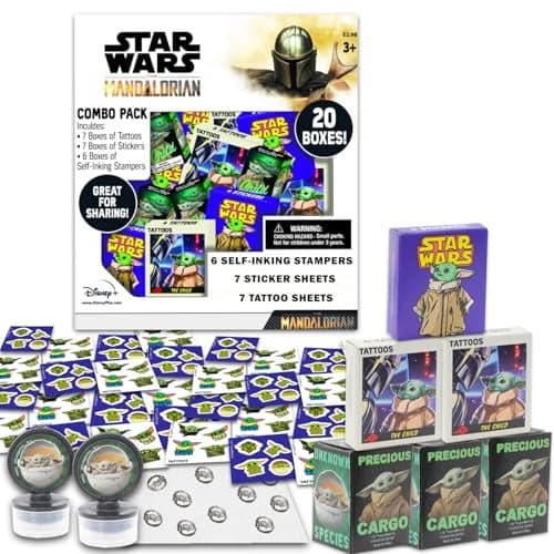 STAR WARS Baby Yoda Party Favors for 20 Guests Bundle 20 Pieces Mandalorian Favor Boxes with Stickers Tattoos and Stampers for Kids Birthday Party Party Supplies and Decorations