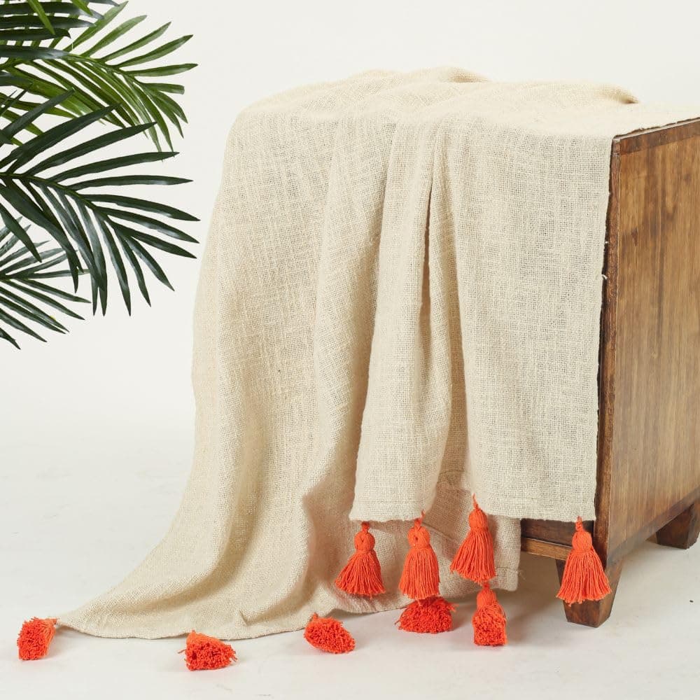 HOMADORN 100 Cotton Off White Throw Blanket with Handmade Colorful Tassel for Sofa Bed Couch 50 x 60 iches Orange