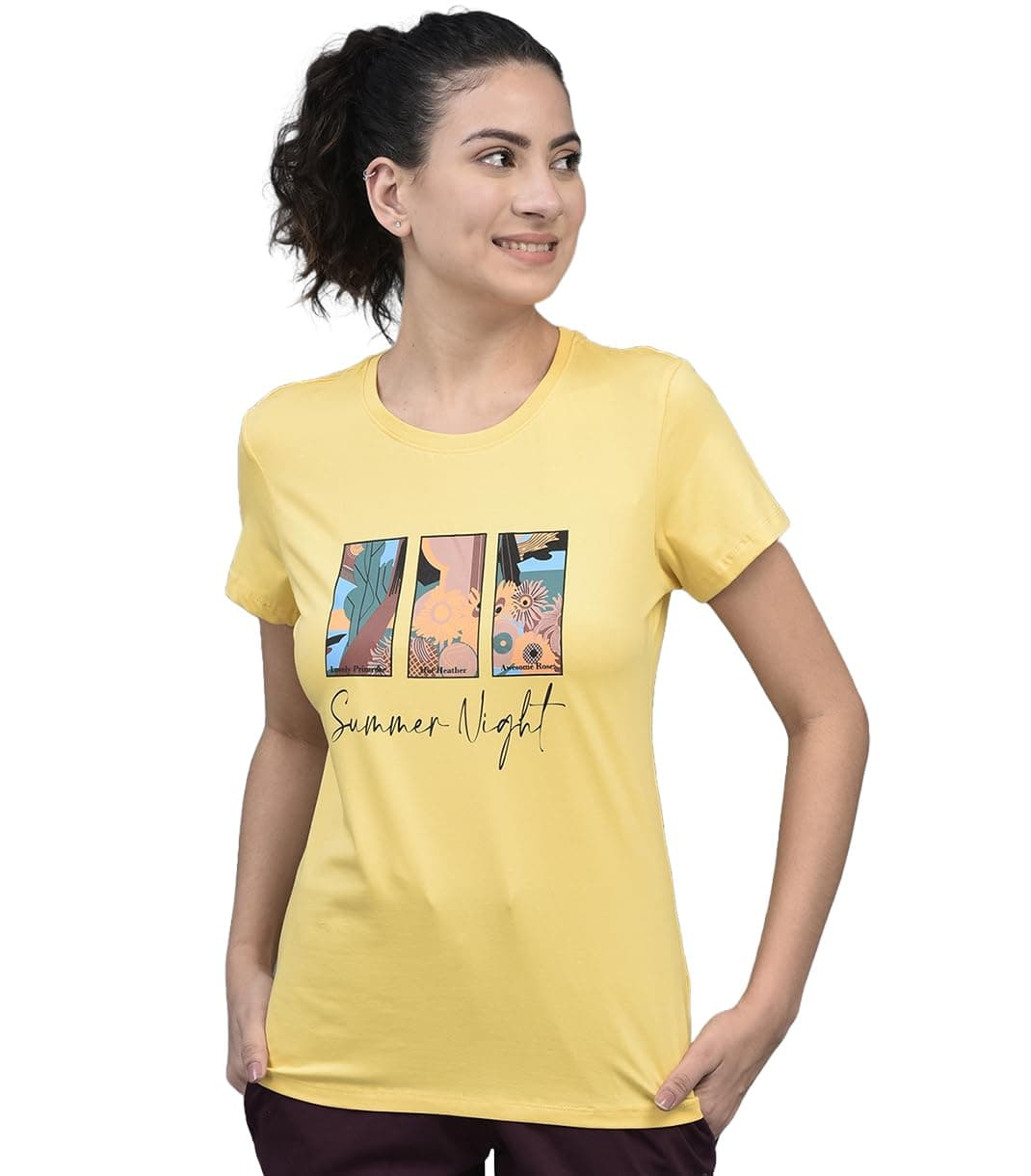 Dollar Women's Printed Stretchable Cotton Round Neck Tshirt (8905203769964_AWCN-822-YELW-PO1_L)