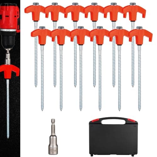 12 Pack Screw in Tent Stakes Heavy Duty8 Ground Anchors Screw inMetal Stakes with Hex Head Driver and Sturdy Storage Box 12 Orange