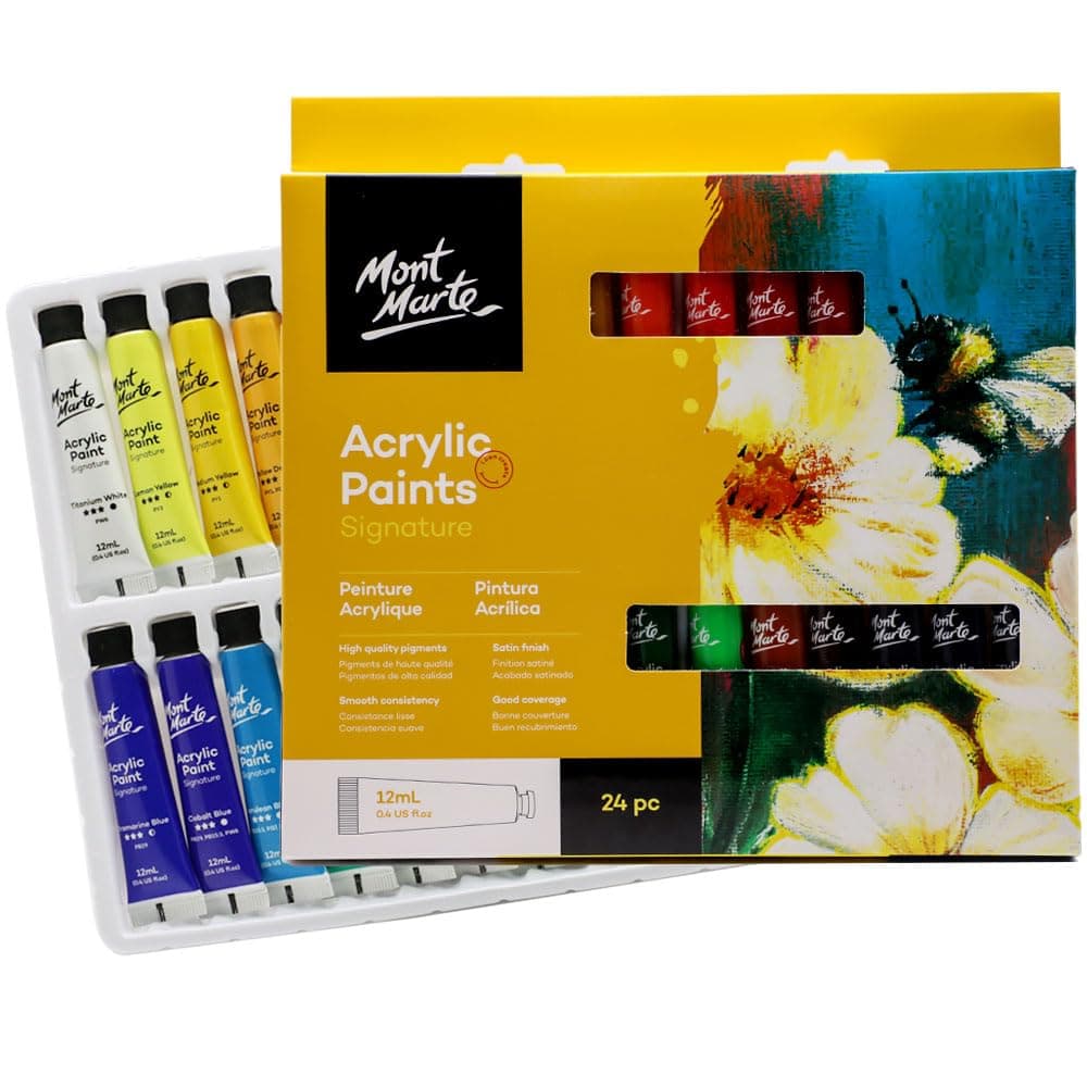 Mont Marte Acrylic Paint Set 24 Colours 36ml, Perfect for Canvas, Wood, Fabric, Leather, Cardboard, Paper, MDF and Crafts (24 Bright Colours 12 ml)