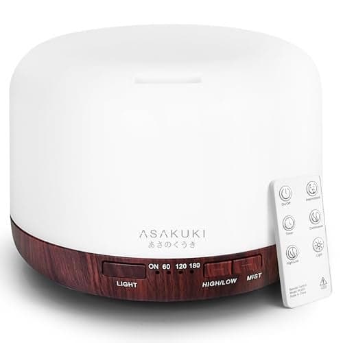 ASAKUKI Essential Oil Diffuser for Home, 500ml Aromatherapy Fragrant Oil Humidifier Vaporizer, 7-Color Light and Auto-Off Safety Switch Reddish-Brown