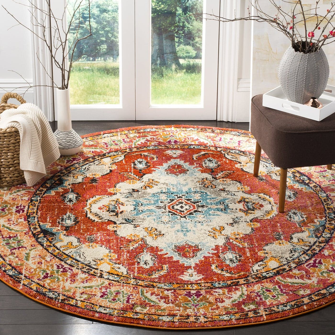 SAFAVIEH Monaco Collection Area Rug 67 Round Orange Light Blue Boho Chic Medallion Distressed Design NonShedding Easy Care Ideal for High Traffic Areas in Living Room Bedroom MNC243H