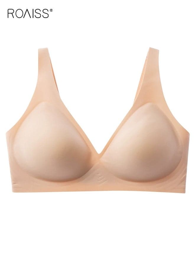Women's Deep V Wireless Push up Bra Comfortable No Underwire Bralette Plunge Neckline Seamless Design Soft Breathable Fabric with Lightweight Pads for Natural Lift and Support for Daily Wear Beige