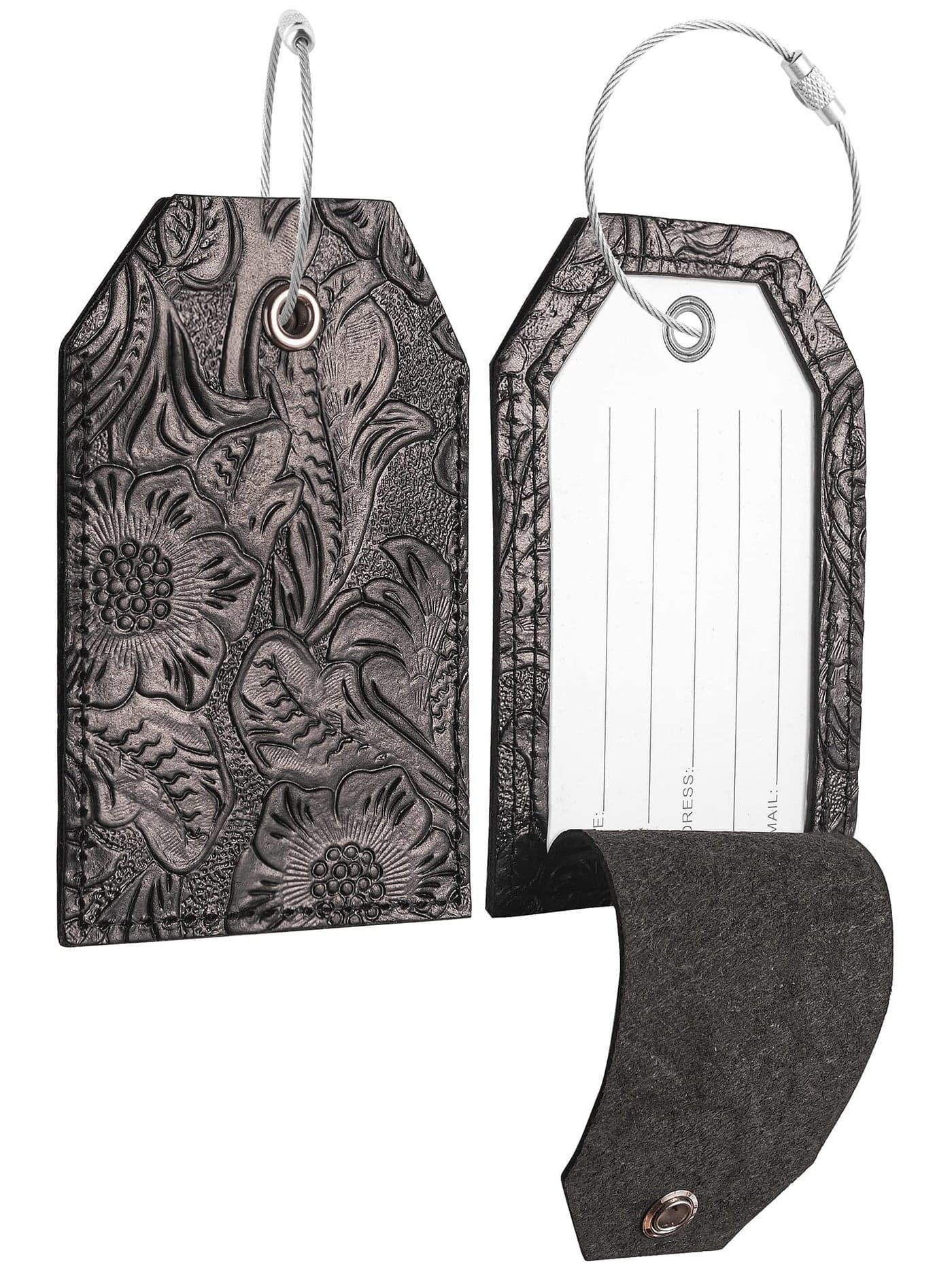 Genuine Leather Set of 2 Luggage Tag with Full Back Privacy Name ID Card Stainless Steel Loop Suitcase Labels Identifiers Baggage Tags Luggage for Women Men Travel (Black Flower)
