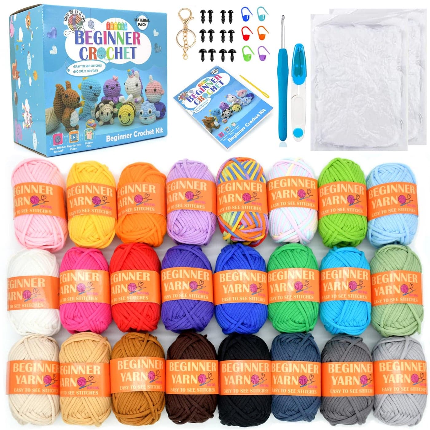 24 Pack Beginners Crochet Yarn Blue Green Pink Purple Yellow Rainbow Cotton Easy Crochet Yarn for Crocheting Knitting Beginners with EasytoSee Stitches Beginner Crochet Kit24x25g