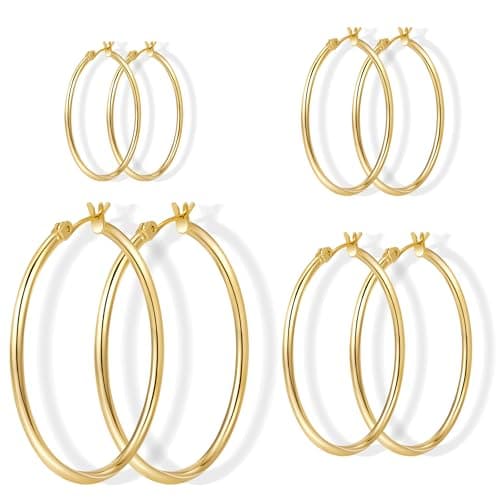 Gold Hoop Earrings Set for Women,14k Gold Plated Earrings Stack Hoops Hypoallergenic Thin Big Hoop Earrings for Women 14mm/20mm/30mm/40mm