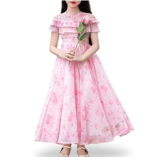 Niren Enterprise Girls Casual Pink Floral Round Neck Cap Sleeves Fit and Flare Straight Full Length Gown Dress