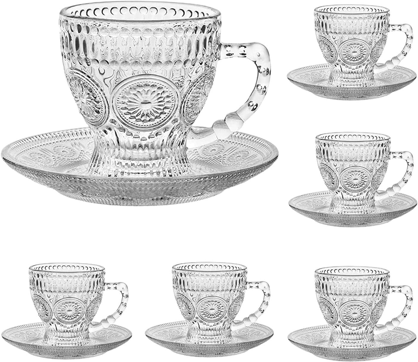 cosnou Vintage Glass Tea Cups with Saucers Glass Mugs 7 Oz Set of 6 Espresso Coffee Embossed Glassware with Handle for Cappuccino Latte Cereal Yogurt Beverage HotCold Milk