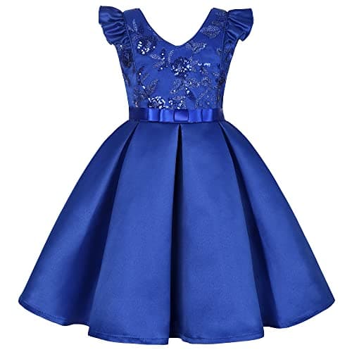 BUNNY LULU Knee-Length Girls Dress Bridesmaid Wedding Princess Children's Bow Birthday Ball Party Show Evening (7-8 Years, Blue 3)