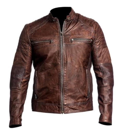 DECIMAL Mens Black BROWN Genuine Lambskin Leather Biker Jacket VINTAGE REAL MOTORCYCLE JACKETS FOR MEN L DISTRESSED BROWN