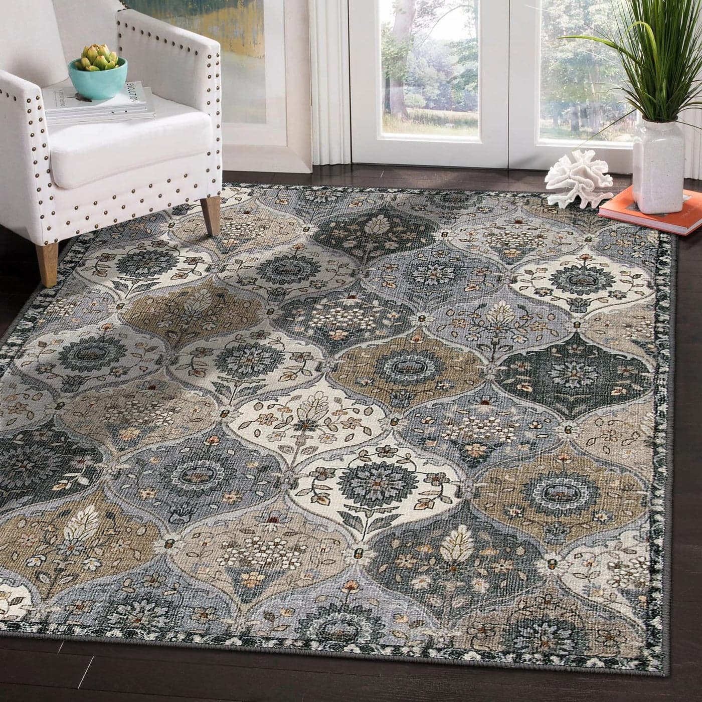 Lahome Moroccan Machine Washable Area Rugs 4x6 Rug for Living Room Bedroom Soft NonSlip Rug Vintage Trellis UltraThin Throw Carpet for Dining Room Office Grey
