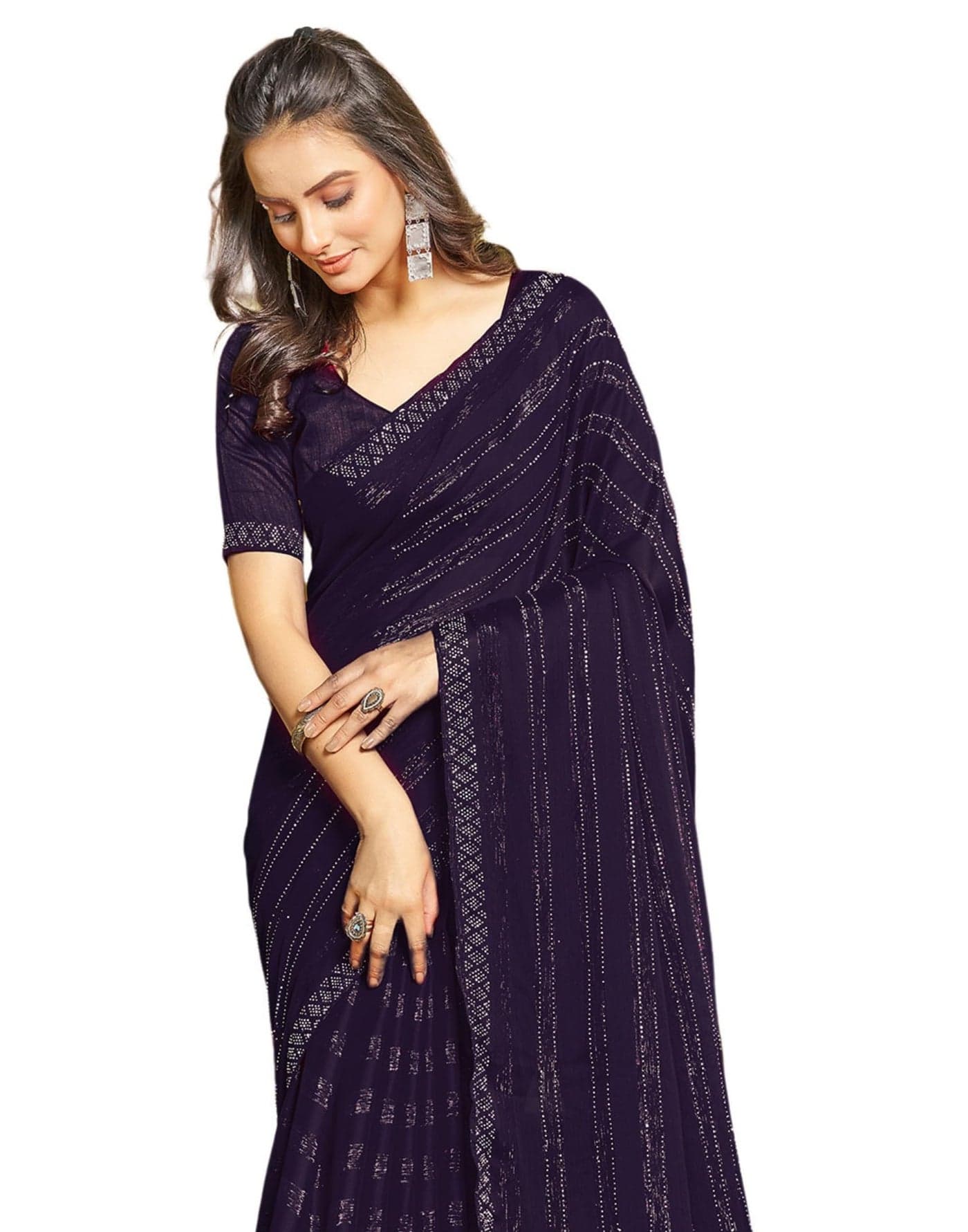 SIRIL Women's Chiffon Hot Fixing Stone Work Saree With Unstitched Blouse Piece (3397S244_Dark Blue)
