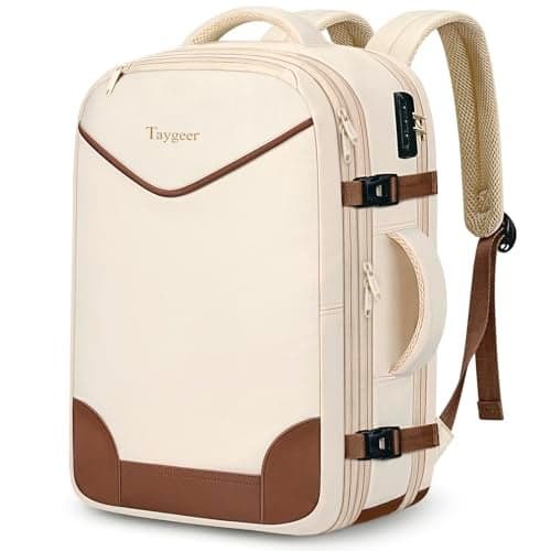 Taygeer 35L Travel Backpack Carry On with Lock TSA Flight Approved Carry on Backpack Expandable Weekend Trip Backpacks Fits 156 Inch Laptop for Women Beige Brown