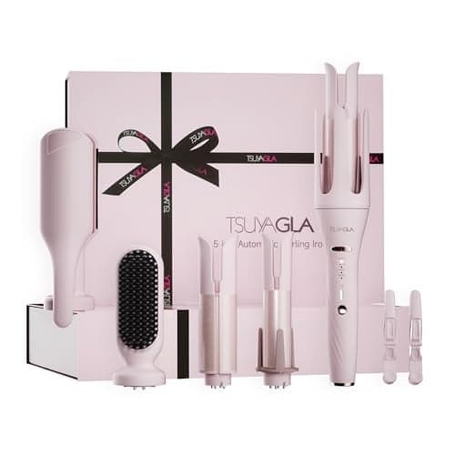 5 in 1 Auto Curling Iron Set with Interchangeable Barrels 1 125 15 Curling Wand Hair Crimper Straightening Brush Rotating Ceramic Curler 3 Temp Dual Voltage AntiScald Pink