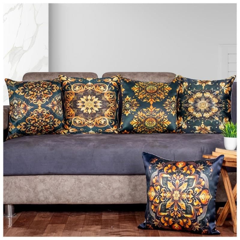 Vendola Satin 250TC Cushion Pillow Covers, Multicolor, Set of 5 (Gold Flora, 16X16 Inches)