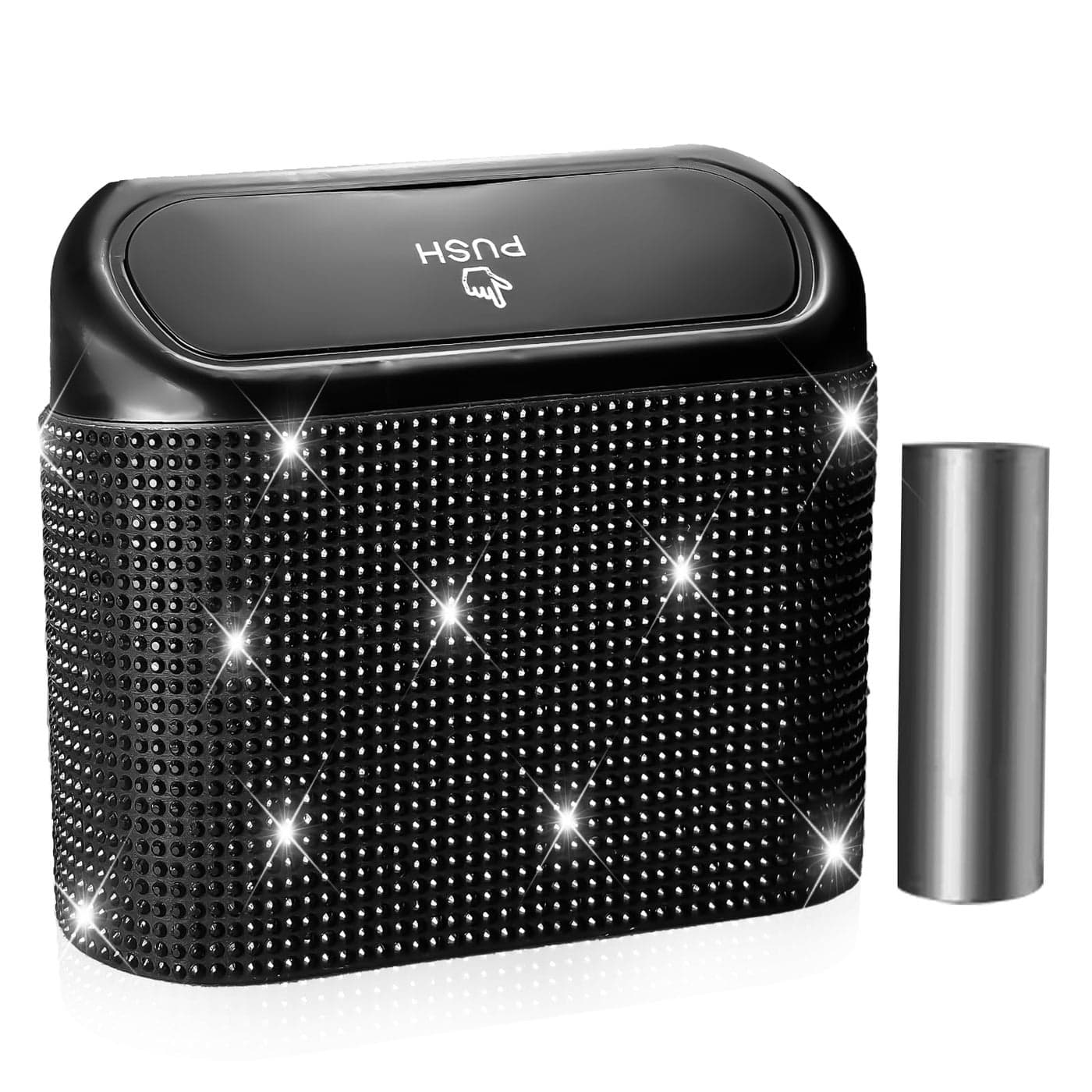 NBTEPEM Bling Car Trash Can with Lid Mini Auto Garbage Can with 30 Trash Bags Leakproof Automotive Garbage Container Bin Bling Car Accessories Trash Can for Women Black Diamond