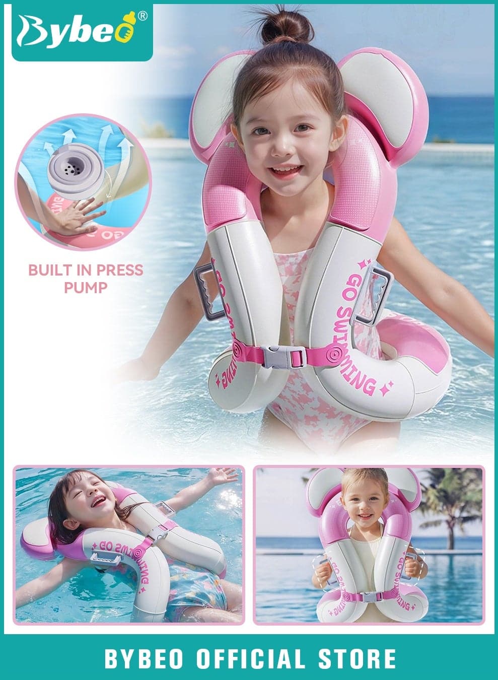 Kids Swim Vest, Inflatable Swim Life Jacket, Baby Swimming Ring, Children Buoyancy Jacket with Adjustable Safety Buckle&Handles, Life Vest for 3-15 Years Old Kids, Anti-Rollover and Press-Inflate