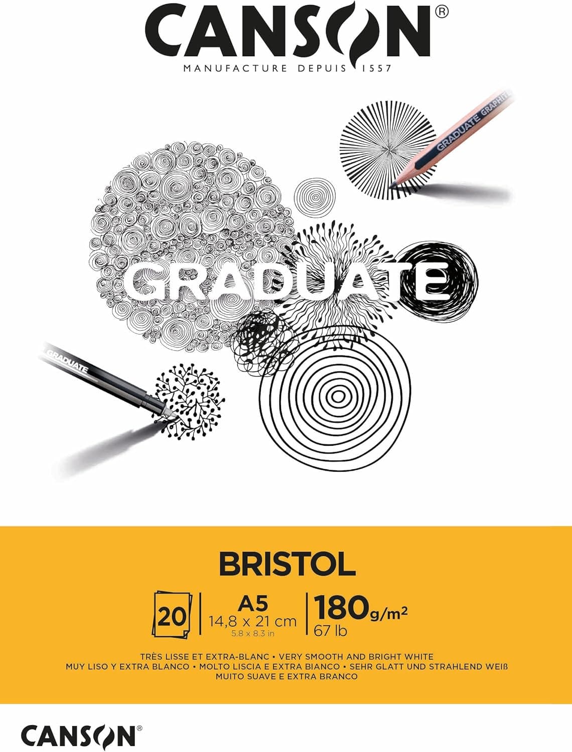 CANSON Graduate Bristol 180gsm A5 Paper Very Smooth Pad Glued Short Side 20 Bright White Sheets Ideal for Student Artists